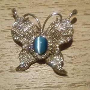 1980s Vintage Bling Silver Tone Rhinestone Butterfly Brooch Jelly Belly
